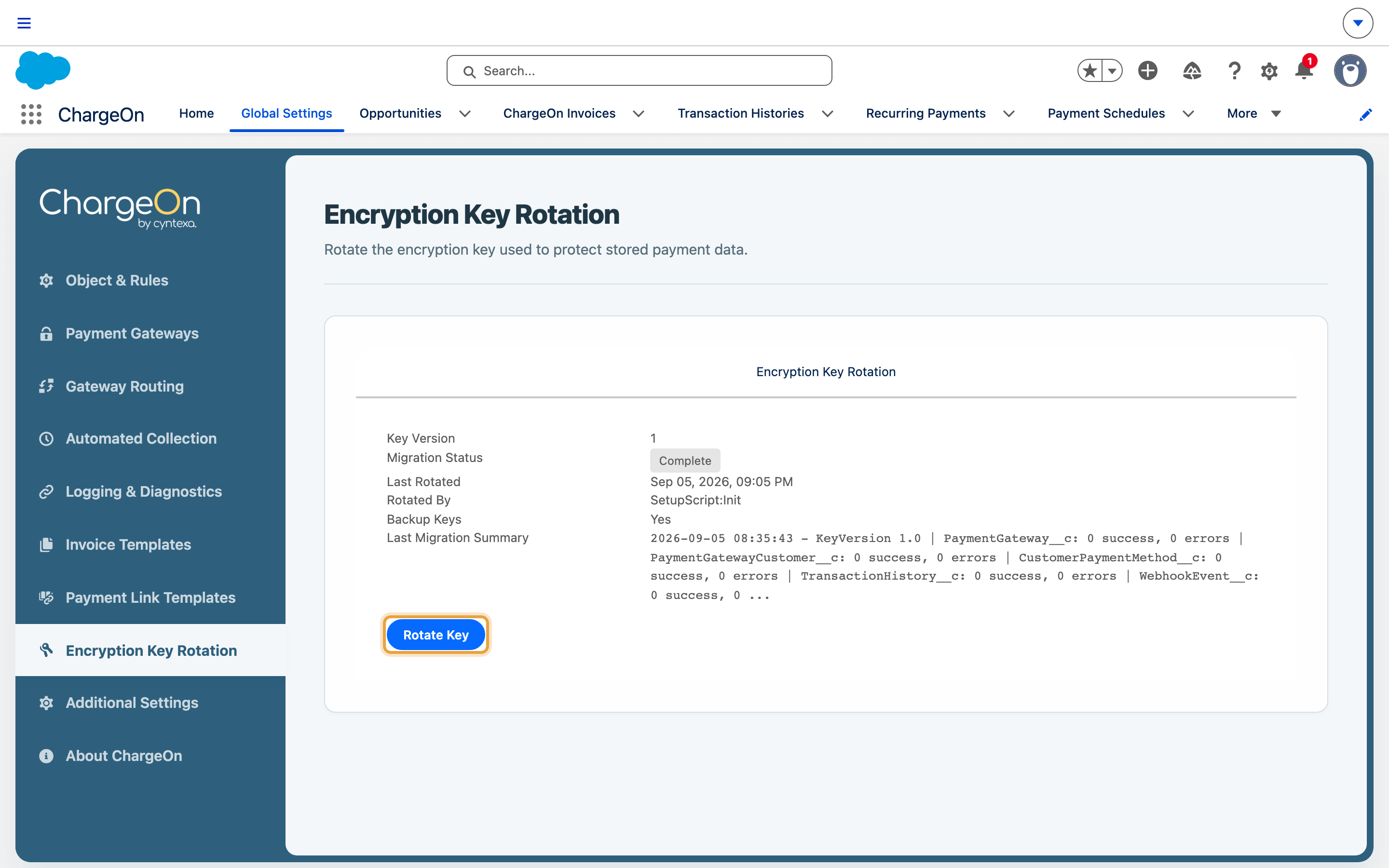 The Encryption Key Rotation section of Global Settings showing key version, migration status and the Rotate Key button