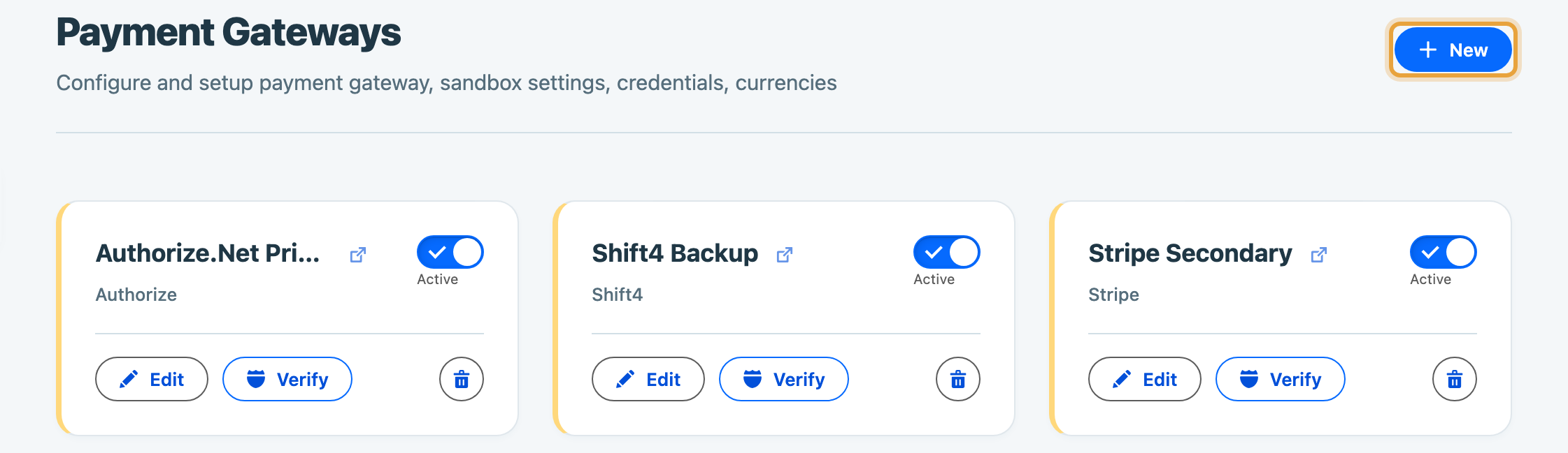 The Payment Gateways list in Global Settings with named active gateways and New highlighted