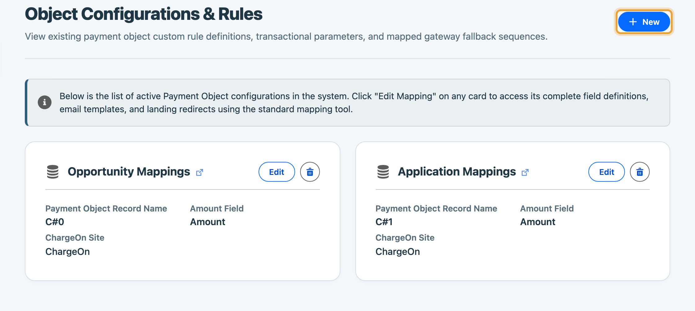 The Object and Rules list with named active payment object mappings and New highlighted