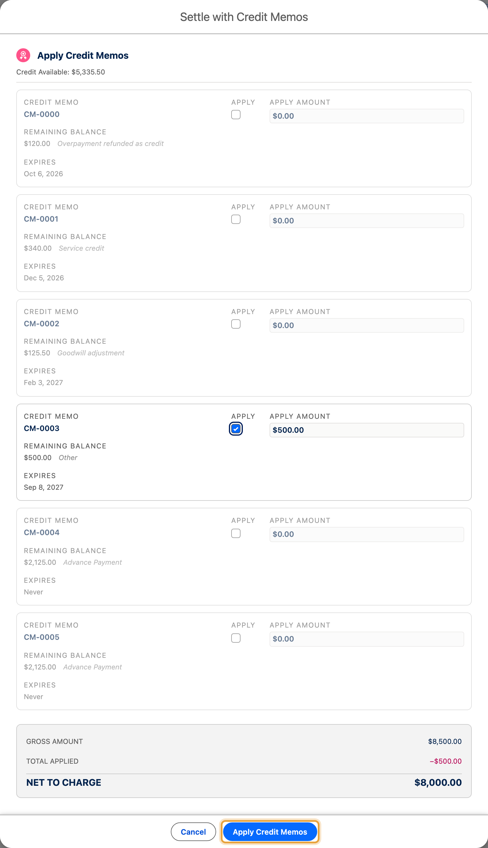 A $500 credit selected against the $8,500 Q4 expansion invoice, leaving $8,000 payable and Apply Credit Memos enabled