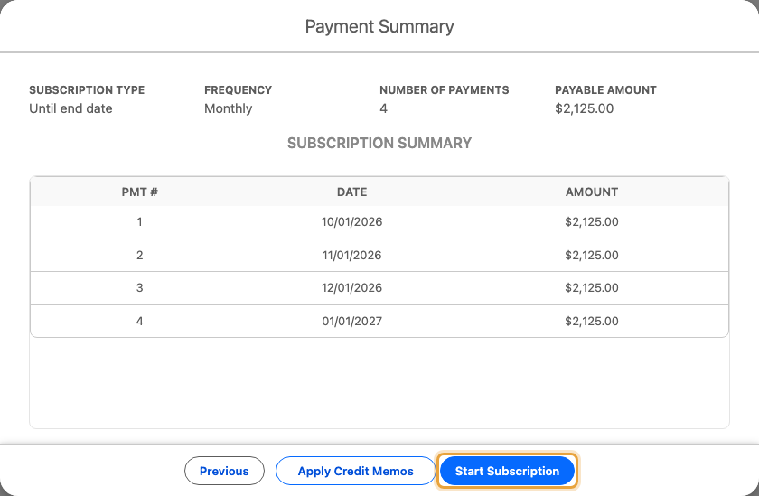 The same Q4 expansion subscription for Emily Ross, with four consecutive monthly dates at $2,125 each, totalling $8,500, and Start Subscription enabled