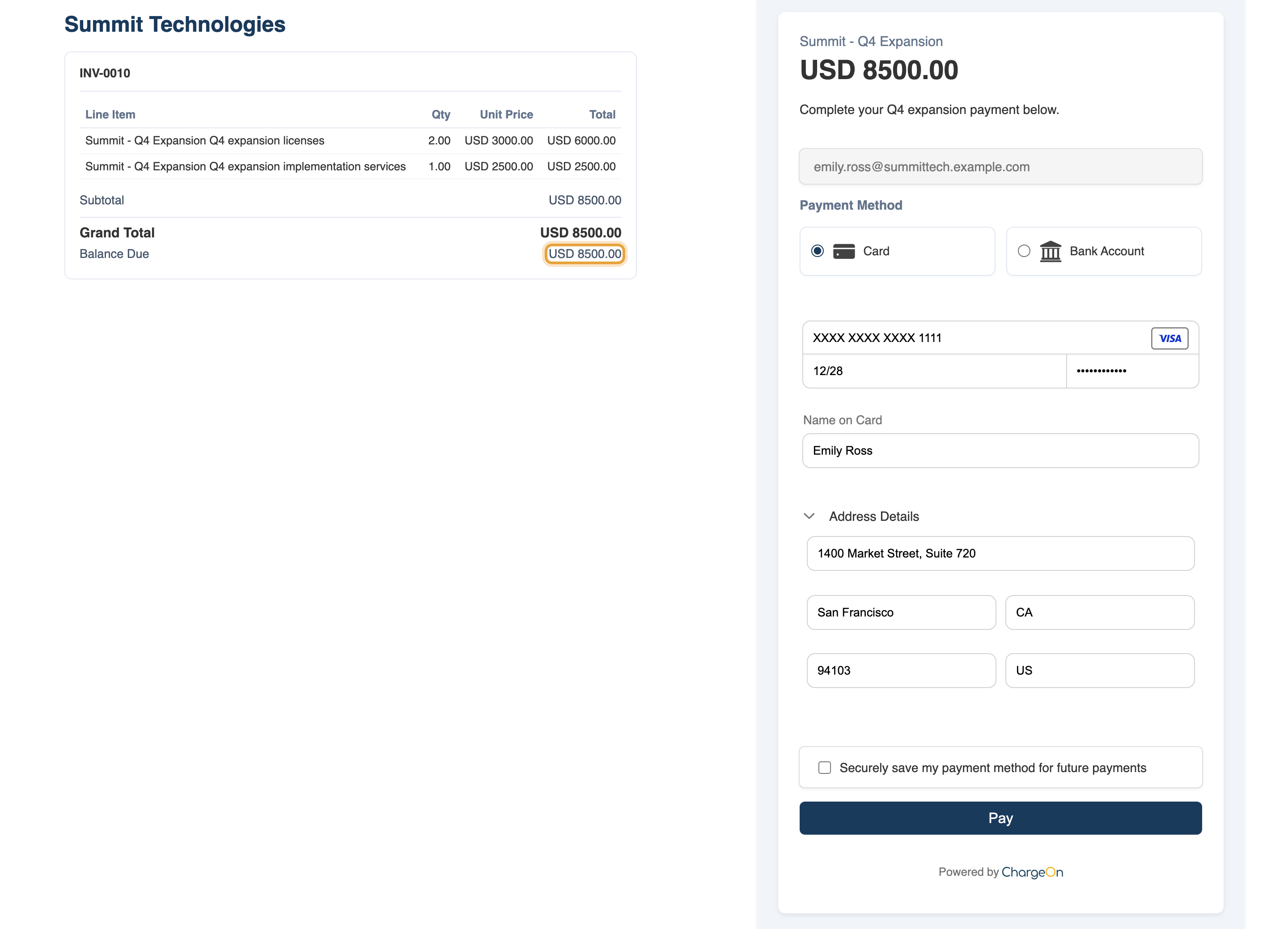The same $8,500 Q4 expansion checkout for Emily Ross, with the amount and invoice service lines visible