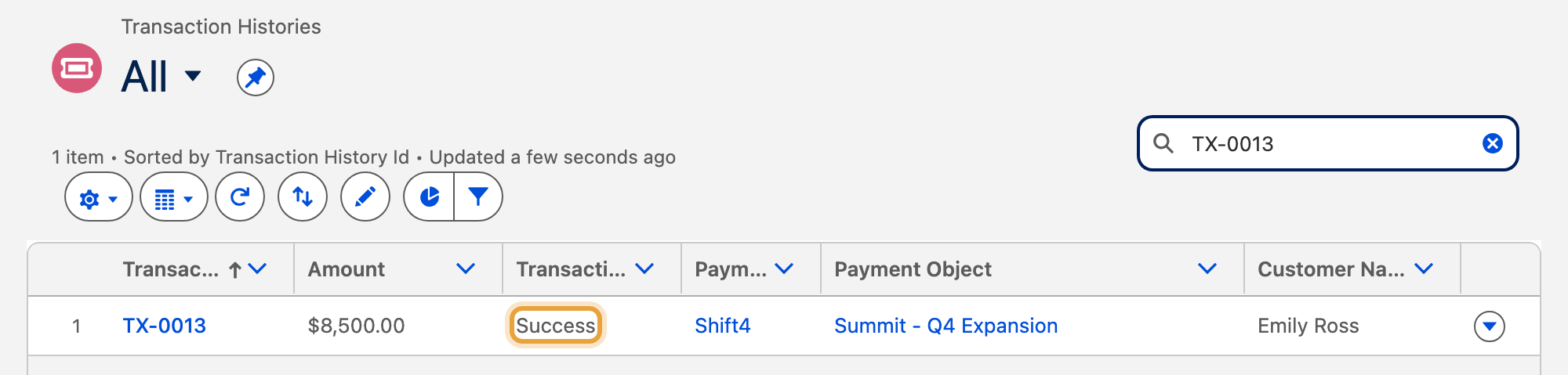 The transaction list showing the completed $8,500 Summit Q4 expansion payment with its gateway and Success status