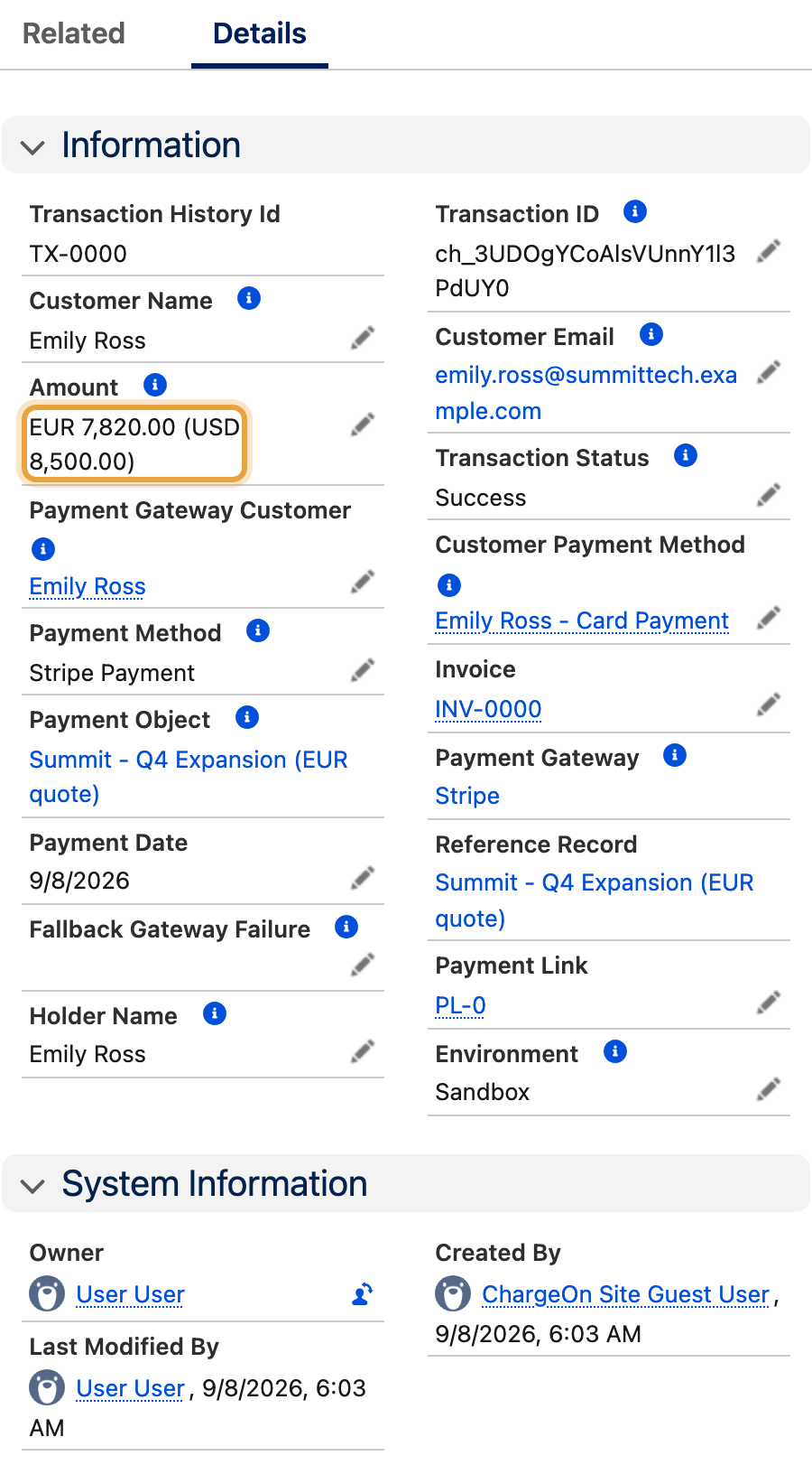 Emily Ross’s completed Summit Q4 expansion payment showing EUR 7,820, its USD 8,500 equivalent, Success status and the gateway transaction ID