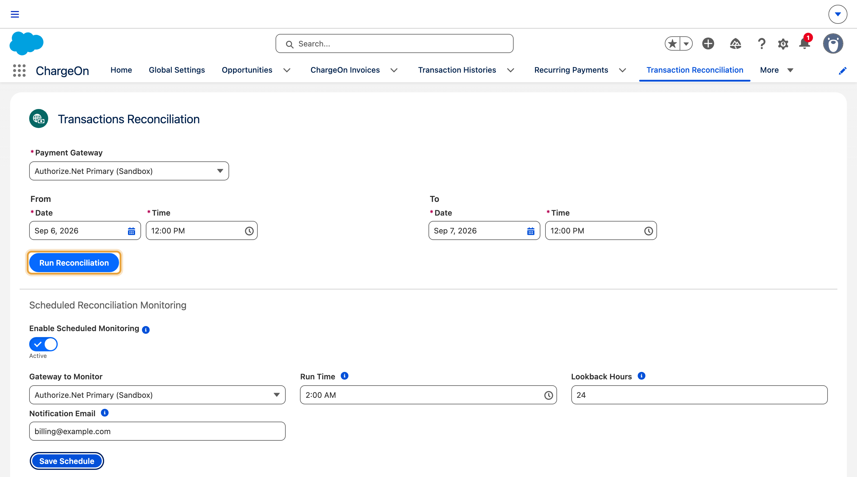 The Transactions Reconciliation tab with the payment gateway picker and date range fields, and the Run Reconciliation button highlighted