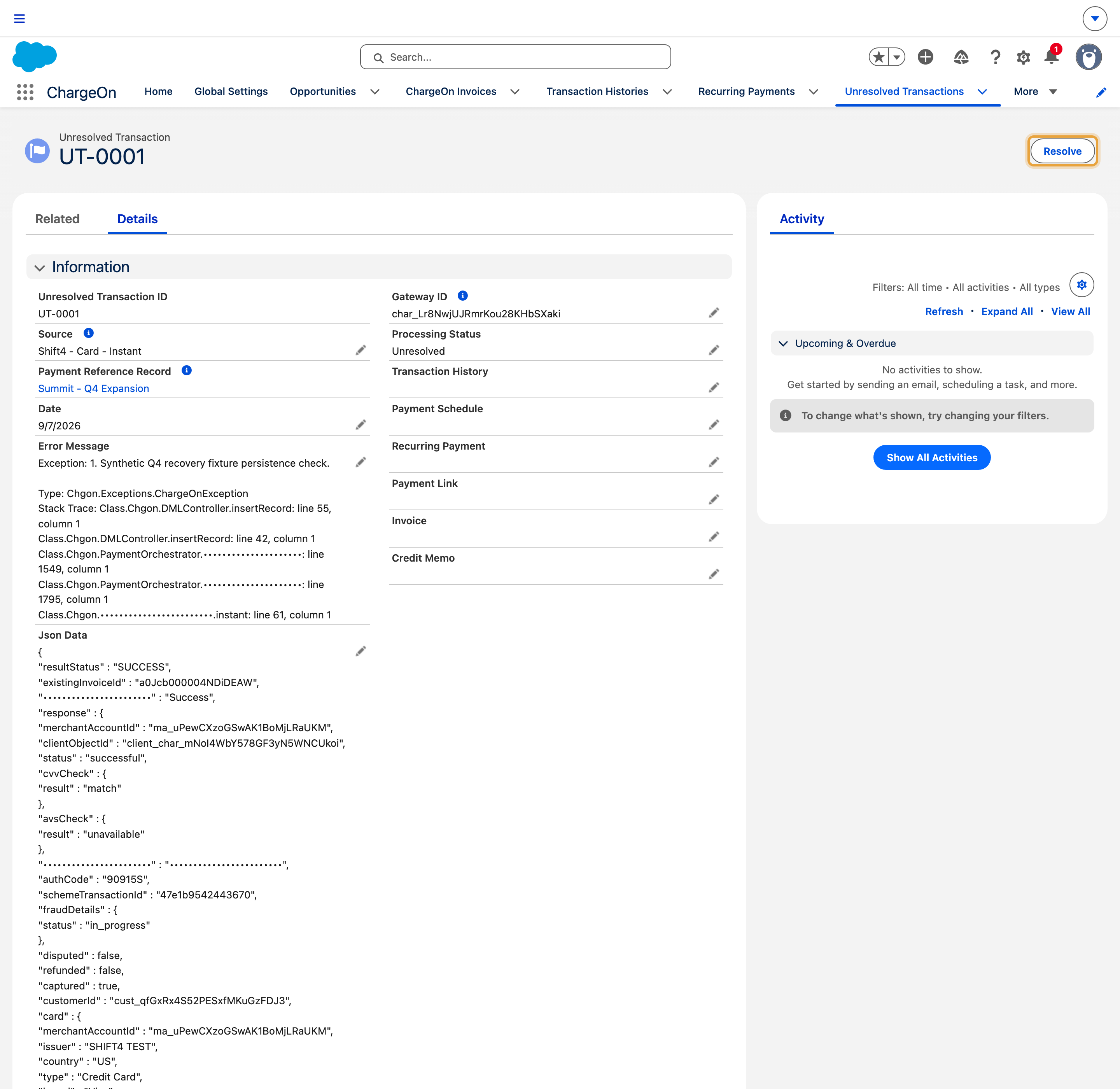 An unresolved transaction with the Resolve action available