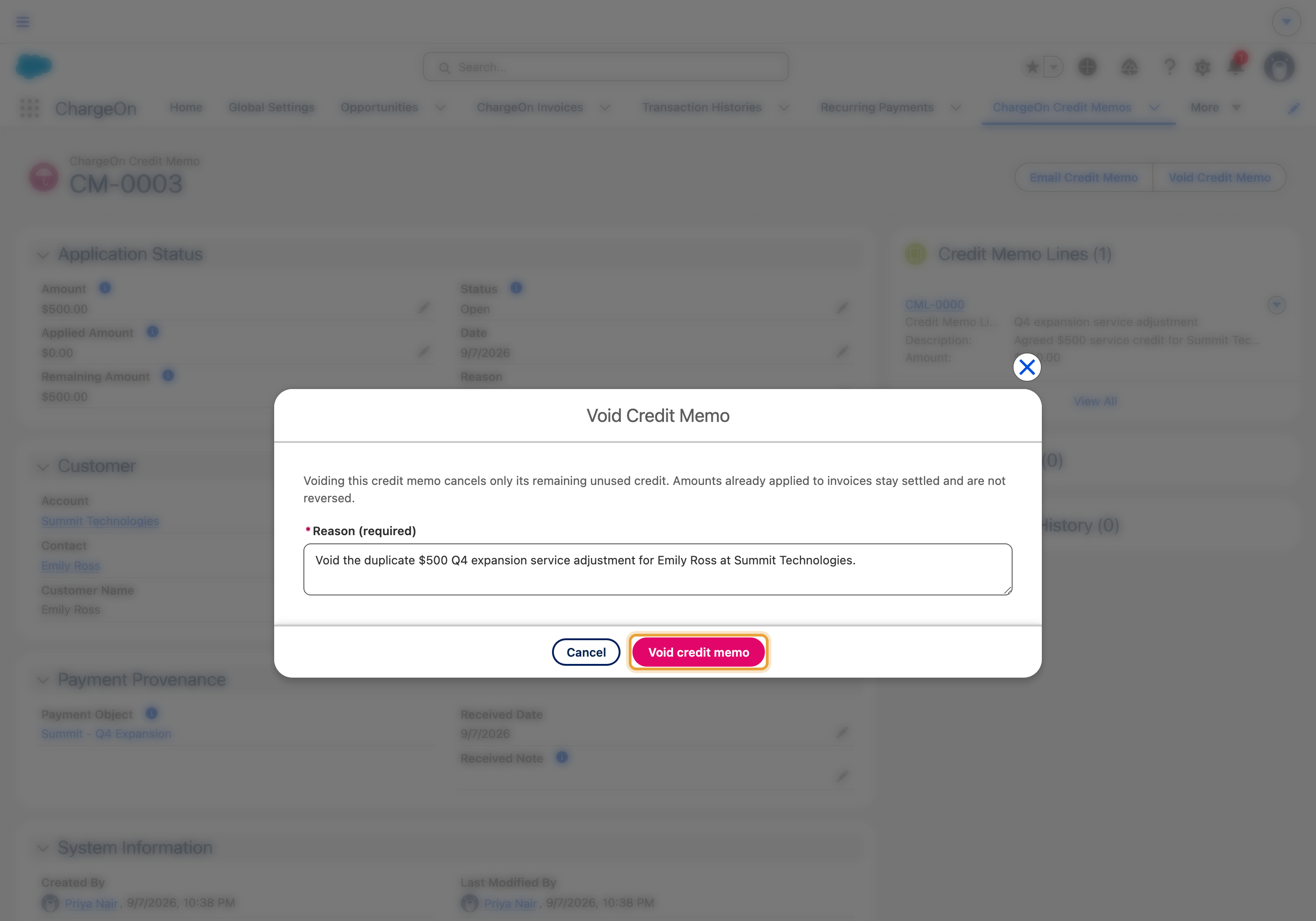 The same unapplied $500 Q4 expansion service credit with a completed void reason and Confirm enabled