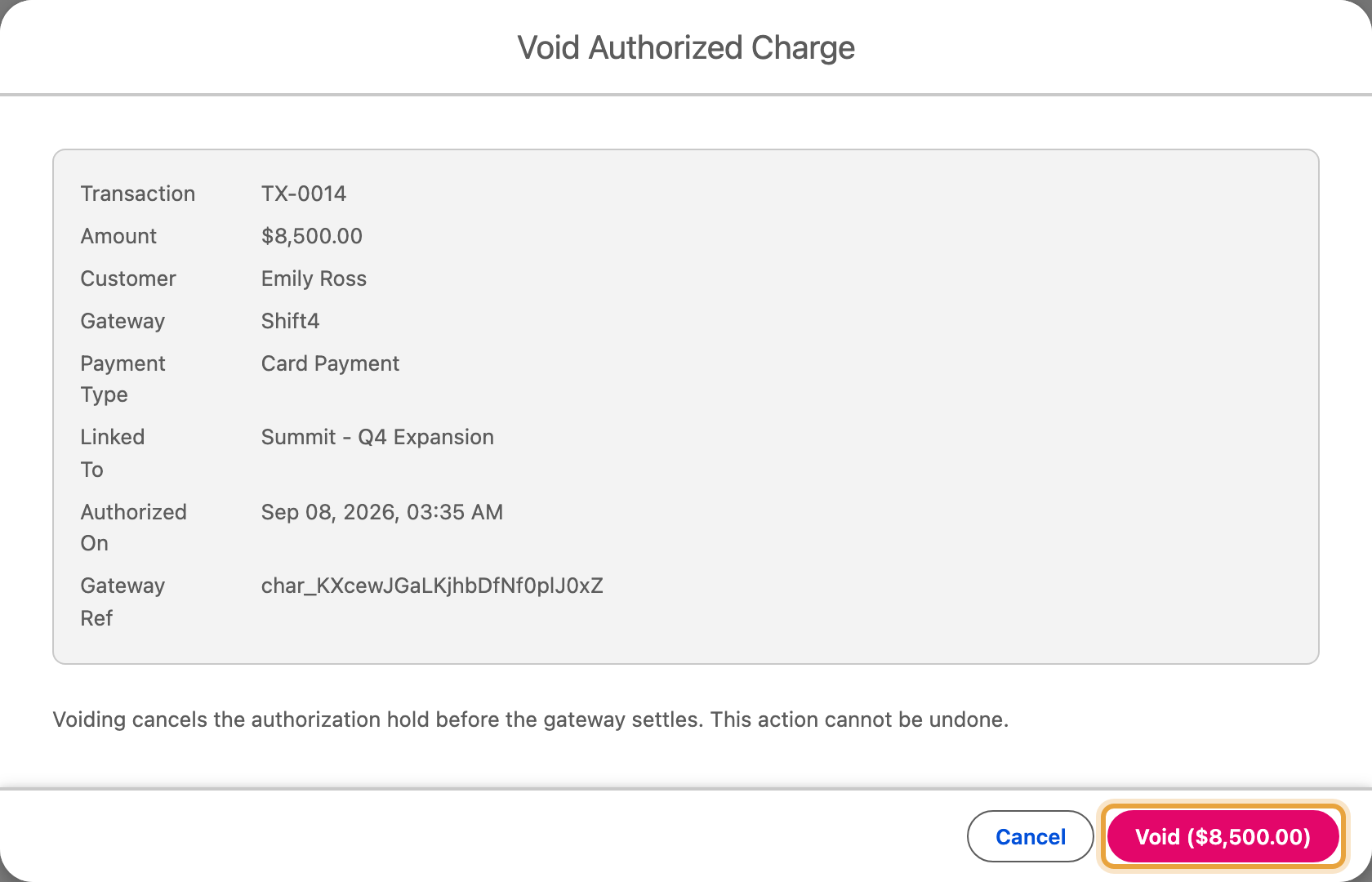 The confirmation to release the $8,500 Q4 expansion authorisation for Emily Ross