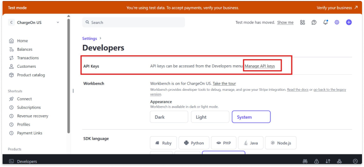 Stripe - Click on Manage API keys