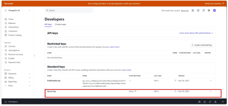 Stripe - Copy the secret key