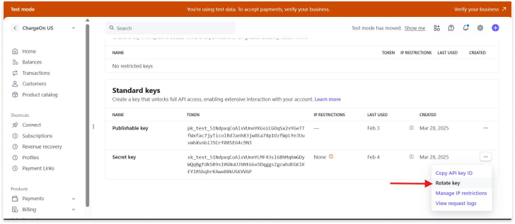 Stripe - Click on Rotate Key btn near Secret Key