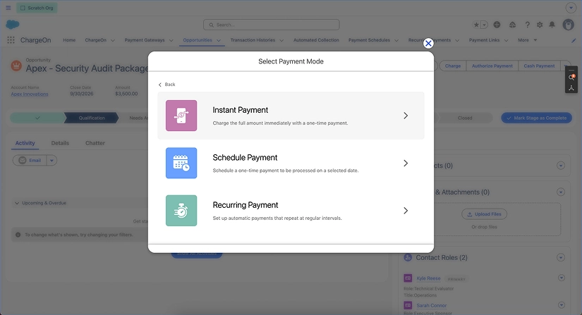 Step - Choose the payment mode: instant, schedule, or recurring payment