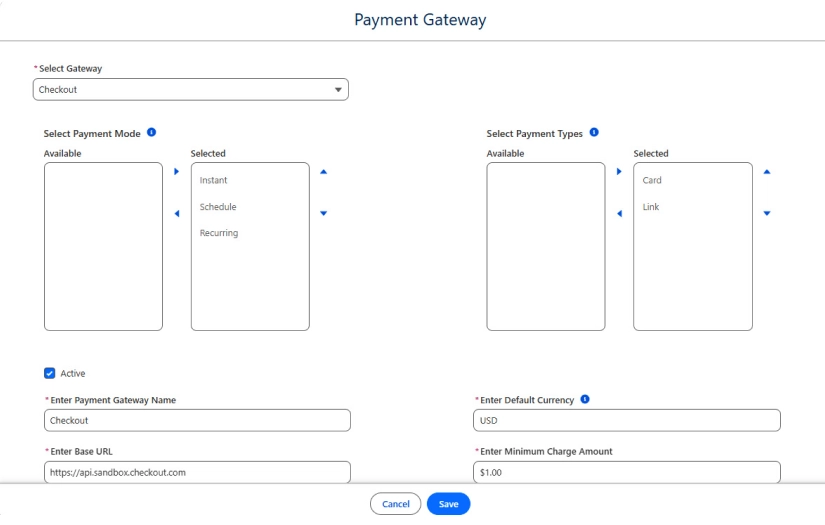Step - In Select Gateway, choose Checkout from the dropdown