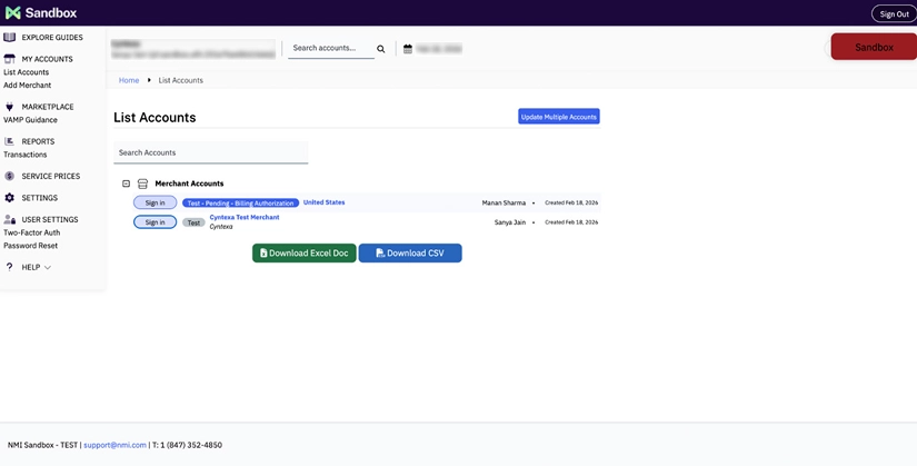 Step - Under List Accounts, your test account will be visible