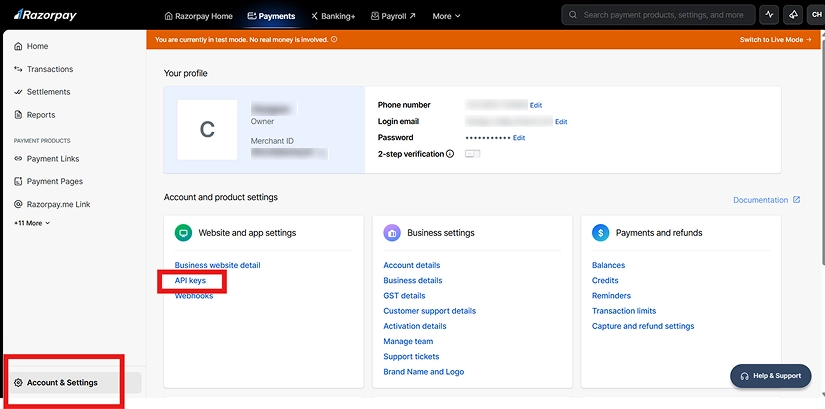 Step - Click on API keys under website and app settings