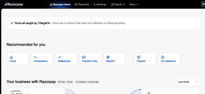 Step - You get a personalized Razorpay dashboard to access different actions and services