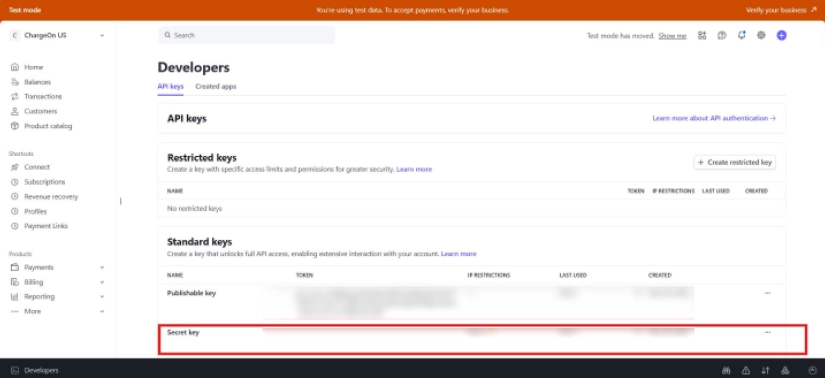 Stripe - Copy the secret key