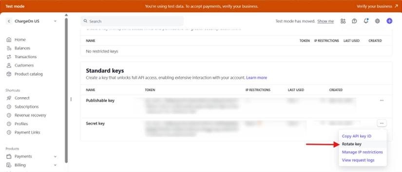 Stripe - Click on Rotate Key btn near Secret Key
