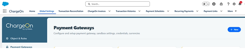 Step - Click new to create a new payment gateway record image