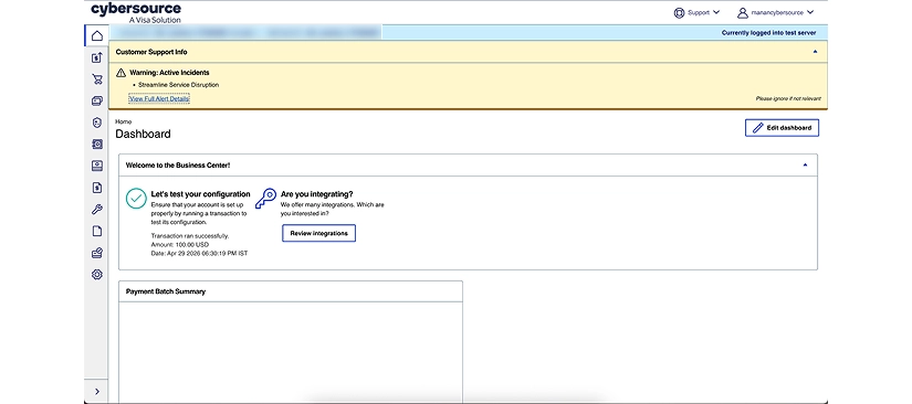 Step - Get redirected to the Cybersource Dashboard